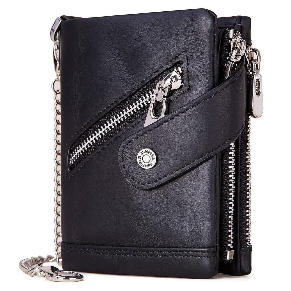2016 Chain Wallets RFID Blocking Leather Bifold Stylish Black Wallet
